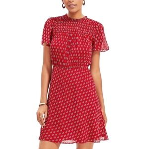 LOFT Red Paisley Print Smocked Mock Neck Mini Dress Short‎ Sleeve Women Size 6